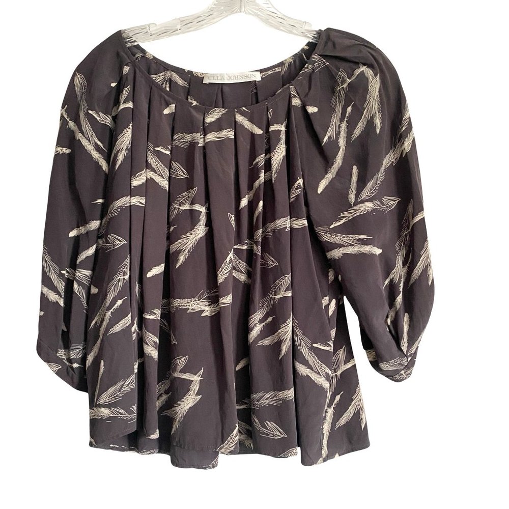 Ulla Johnson Black Blouse with Cream Feather Motif